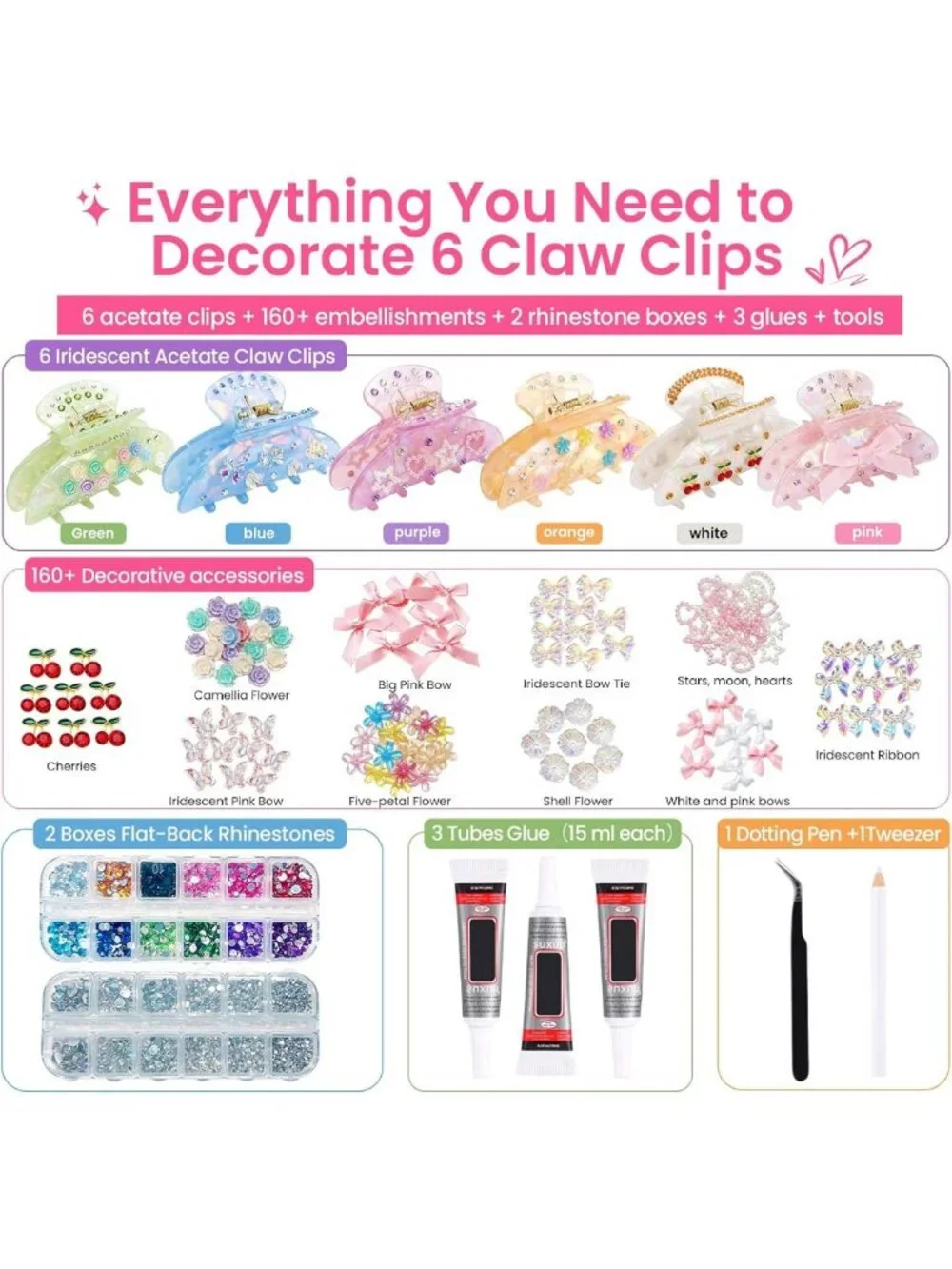 DIY Claw Clip Decorating Kit - 6 Acrylic Hair Clips with Rhinestones & Charms